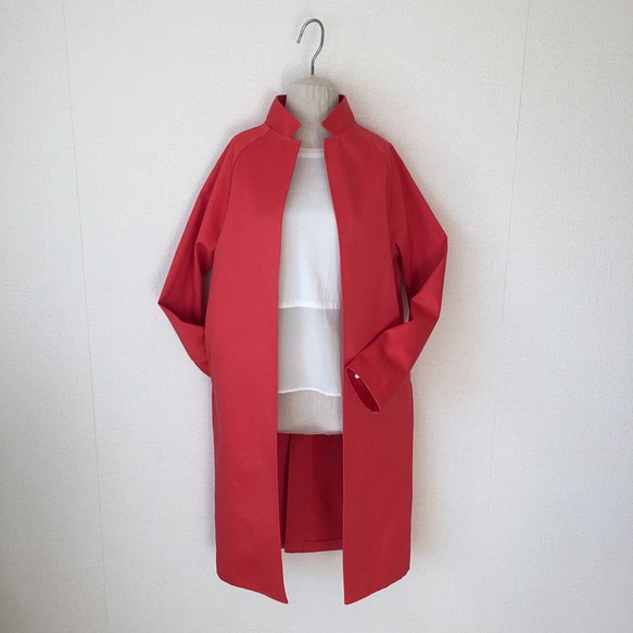 ちいさい襟のハンサムコート フラミンゴピンク　コットンツイル　一枚仕立て　ラグラン袖 1枚目の画像
