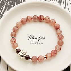 [ Shufei Arts & Crafts ] 天然寶石系列   草莓晶/紅榴石 貓頭鷹925純銀手鍊 第1張的照片
