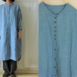 【受注制作】スチールブルー/綾織り40リネン　ロングシャツカーデ 1枚目の画像