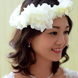 ホワイトダリア&ハイドランジア&バラの2way デザイン花冠 【Flower Crown W-01】 1枚目の画像