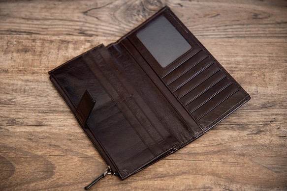 【受注製作】丸ごとなめらか牛革レザー長財布　カードケース　収納豊富　チャック付　茶褐色3KR-6 1枚目の画像