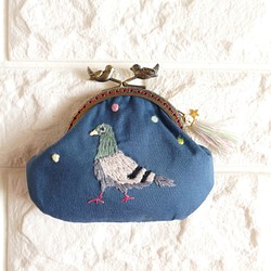 刺繡迷你錢包，小鳥底座，鴿子，藍色 第1張的照片