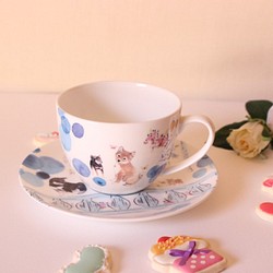 【最終】柴犬さん☆カフェでまったり柴犬さんのカップ&ソーサー（水色ドット）「ポーセラーツ」 1枚目の画像