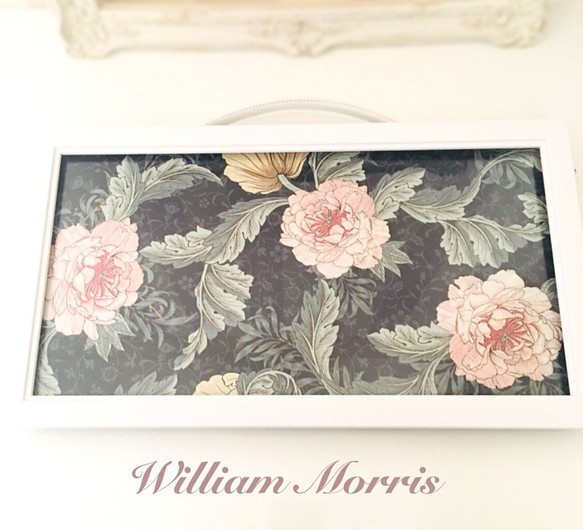ファブリックパネル ウィリアム モリス キク科の花綱 ピンク/イエロー/ブラック 額装 インテリア小物 1枚目の画像
