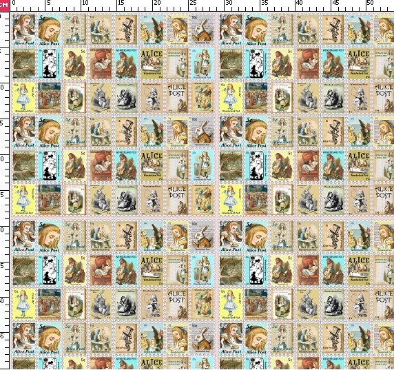 New オリジナルデザイン 不思議の国のアリス ブロック柄 アリスの切手 生地 1枚目の画像