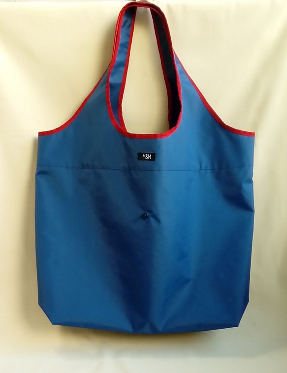 ナイロンオックスの丈夫な肩がけパイピングバッグ･エコ･サブバッグ　Lサイズ･ブルー 1枚目の画像