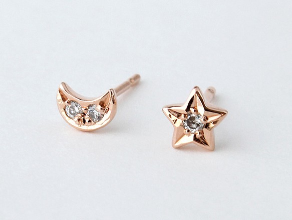 star & moon diamond pierce (pinkgold plating)【受注制作】