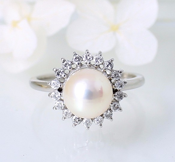 [聖誕特賣 30% off] PT900 Akoya 珍珠和鑽石戒指 [0.26ct] 第1張的照片