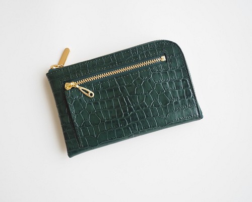 薄くて軽いコンパクトな財布 10枚カードポケット　クロコ形押しグリーン【スクイーズ】ミニ財布