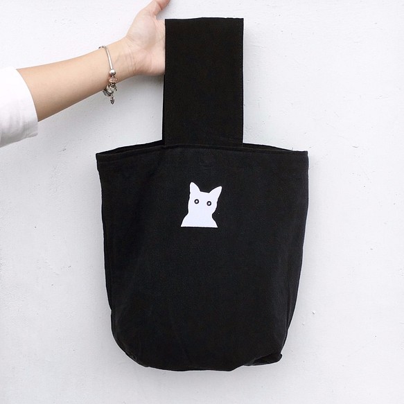 犀利希莉小貓貼布棉麻帆布復古包型手提包—黑 第1張的照片