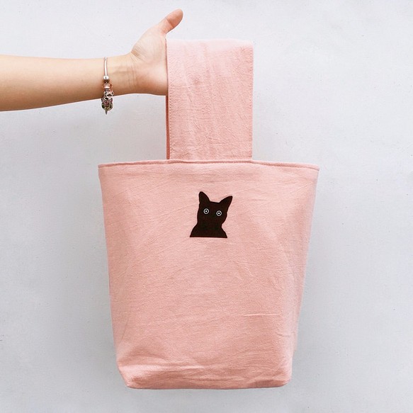 犀利希莉小貓貼布棉麻帆布復古包型手提包—粉 第1張的照片
