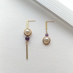 e089盼-黃銅紫水晶珍珠耳環 第1張的照片