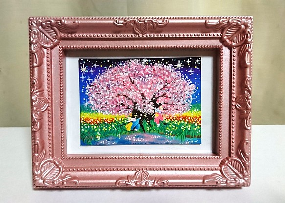 ミニ原画ＡＴＣ 「一本桜」きものねこ・きものうさぎ 1枚目の画像