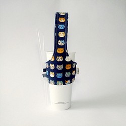 1987 Handmades 【小花貓-藍】飲料杯套 環保杯套 第1張的照片