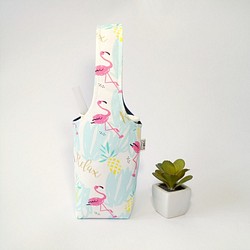 1987 Handmades 【夏日紅鶴-藍】雙面飲料杯套 冰霸杯套 環保杯套 水壺袋 第1張的照片