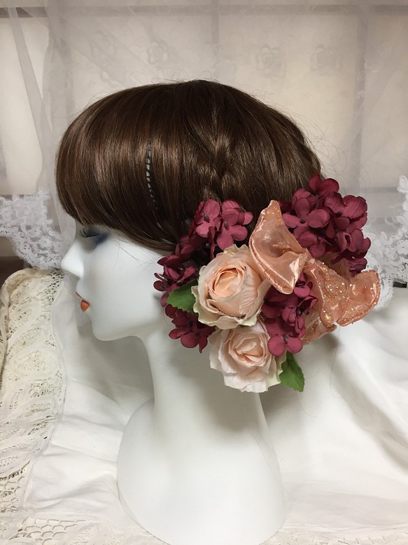 成人式髪飾り☆リボンと薔薇と紫陽花 1枚目の画像