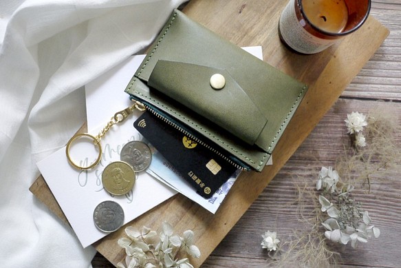 橄欖綠鑰匙圈零錢包 歐洲牛皮短夾 手作皮革錢包 鑰匙包 卡夾 第1張的照片