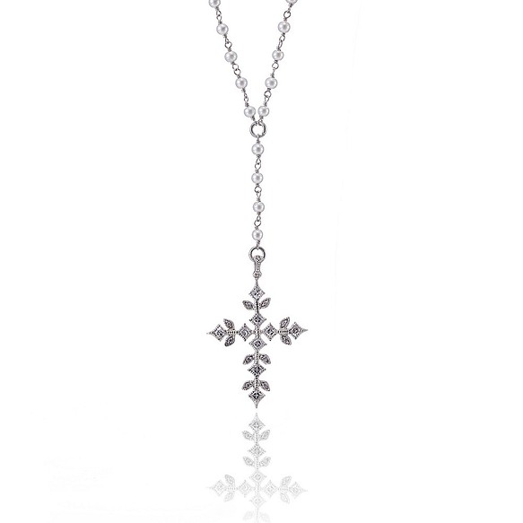 十字白K金鋯石珍珠頸鍊 第1張的照片