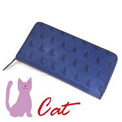 ★ラッキープライス★CU181BL CAT ねこ　ネコ　ロングウォレット 猫　長財布 ブルー 　牛革　イタリアレザー　 1枚目の画像