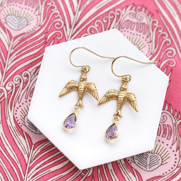燕子和紫水晶耳環（耳環用）*包金 第1張的照片