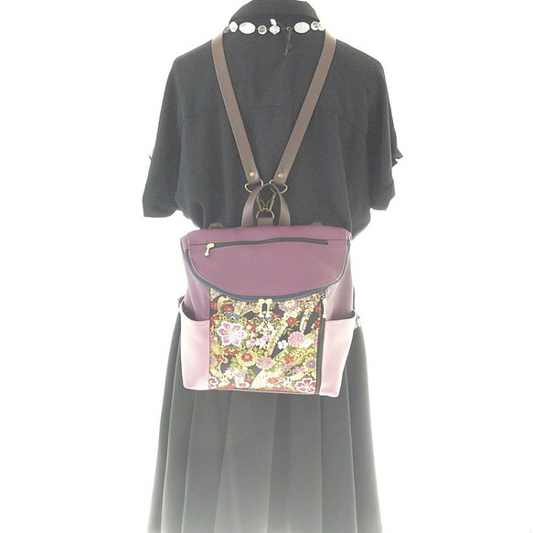 [服裝圖片]超輕約350g金箔（Kinran）3WAY背包更換菊花圖案金箔黑色紫色格子 第1張的照片
