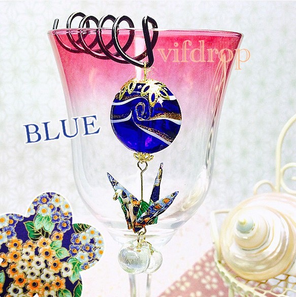 【青】オーバルガラス&折り鶴とティアドロップのスクリューピン  簪代わりに❁ 1枚目の画像