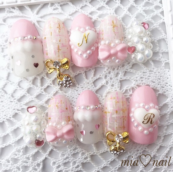 ゆめかわいい ツイードピンクのリボンネイル ネイルチップ ネイルシール Mia Nail 通販 Creema クリーマ ハンドメイド 手作り クラフト作品の販売サイト