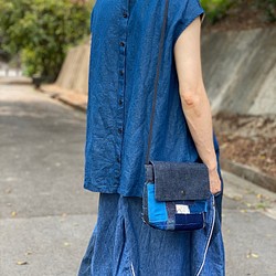 手工制多用途拼布藍染包，可作單車前包，腰包，側背包 第1張的照片