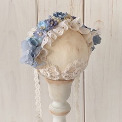 ドール用レースと染め花のヘッドドレス（M・ライトブルー） 1枚目の画像