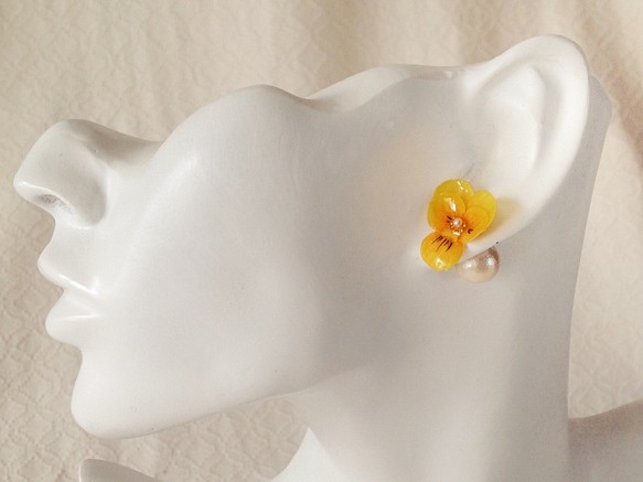 染め花を樹脂加工したビオラピアス・コットンパールキャッチ( SS・イエロー) 1枚目の画像