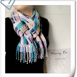 Nancy Ko手工梭織~雙層厚織藍紫色系格紋羊毛圍巾-A268 第1張的照片