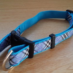 中・大型犬　チェックの首輪(青+水色)ダブルＤカン　ナスカンをかける金具が２つ付いている首輪です 1枚目の画像