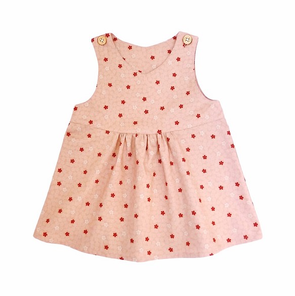 小女生桃色櫻花V領無袖連身洋裝 - 日本純棉印花布料 - 手工限量製作童裝 第1張的照片