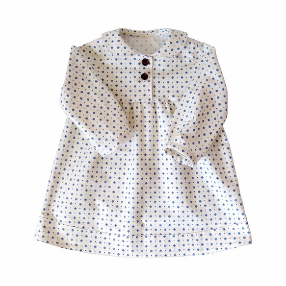 少女風青い花しわドレス長袖 - 日本の綿印刷物 - 手作り限定版の子供服