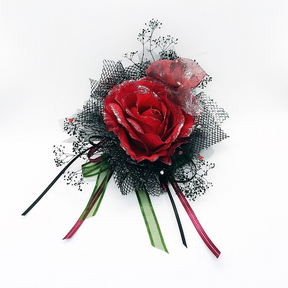 赤薔薇とオーガンジーリボン蝶々のヘッドドレス 1枚目の画像