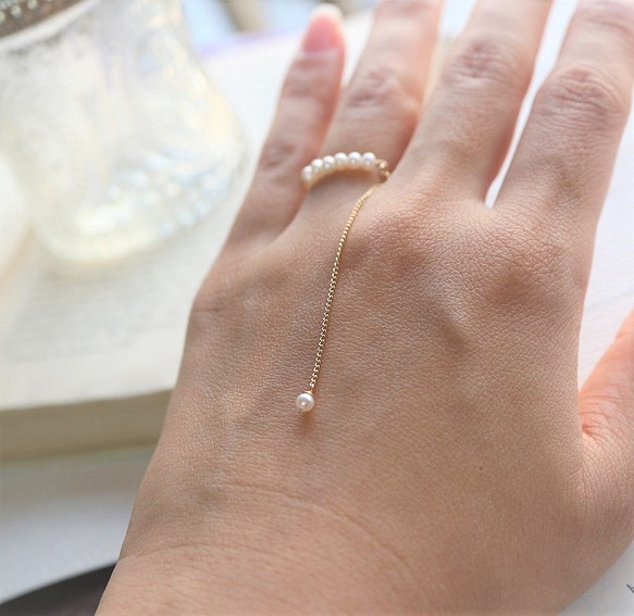 珍珠戒指* 14Kgf！尺寸可調節的長鏈戒指*淡水珍珠 第1張的照片
