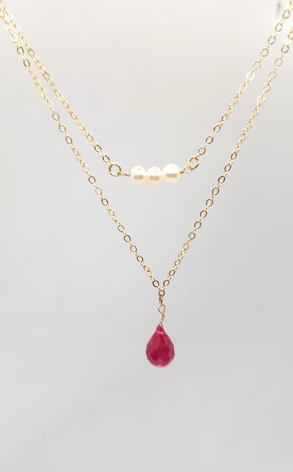 小巧華麗的淡水珍珠與紅剛玉雙層項鍊◆K14GF包金 第1張的照片