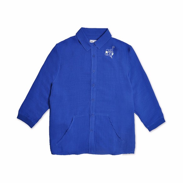 綿と麻のルーズバルーン刺繍トリミングスリーブシャツ - ブルー 1枚目の画像