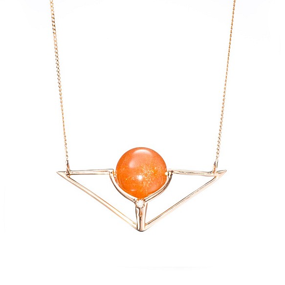 サンストーン鎖骨チェーンオレンジの幾何学的なゴールドゴールドネックレスオレンジの宝石用原石ダイヤモンドゴールドジュエリーサンスト 1枚目の画像