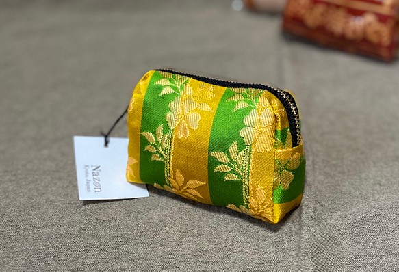 50%OFF! 送料無料 日本製西陣織正絹帯地ミニポーチ 黄緑 出産祝いなども豊富