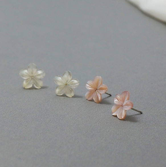 櫻花酒 貝殼雕花朵 925純銀耳針 台灣手作 第1張的照片