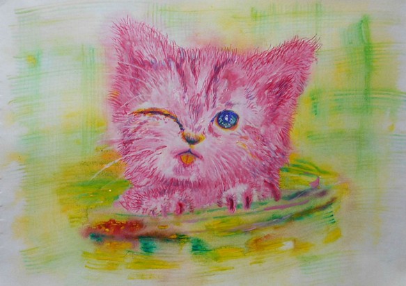 ピンクの子猫、原画Ａ４サイズ。 1枚目の画像