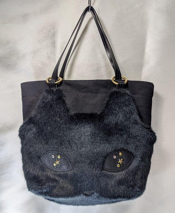 Creema限定！CHIGRACCI猫デザイントート/ブラックファー×黒帆布トート「CATOTE」ミニ・ブラックファー 1枚目の画像