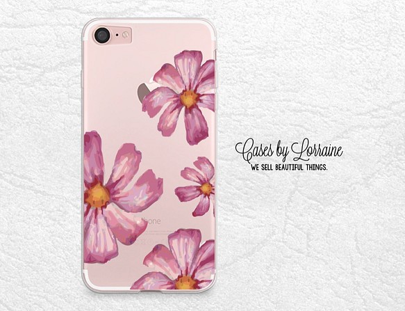 ※ iPhone 7・7 Plus・6/6s・6 Plus・5/5s・SE※ 簡約粉紅色花朵手機殼 透明軟殼 第1張的照片