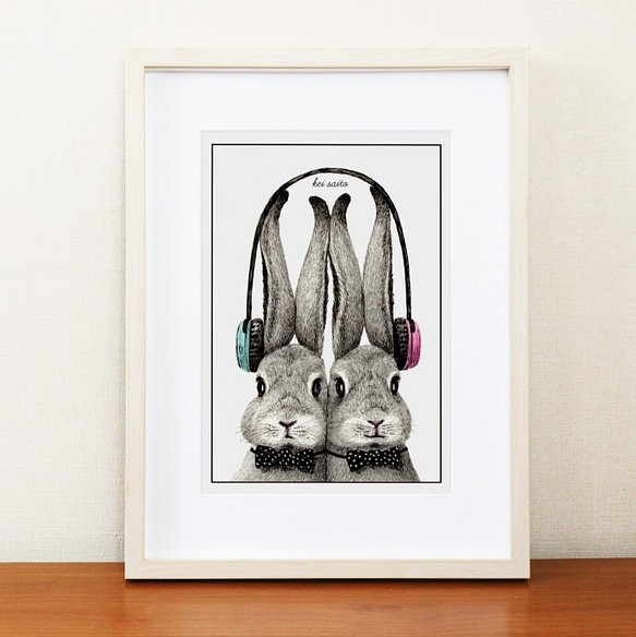 ウサギのヘッドフォン アートポスター 1枚目の画像