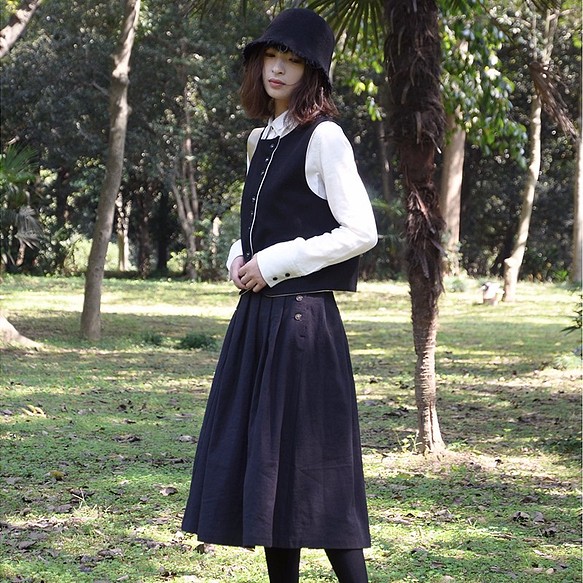 復古壓皺百褶半身裙|裙子|日本平紋棉麻混紡|獨立品牌|Sora-59 第1張的照片