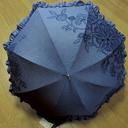 日傘（花更紗・デニム藍色フリル布付き） 1枚目の画像