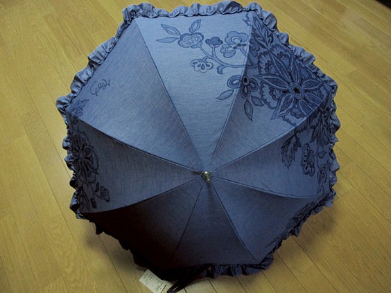 日傘（花更紗・デニム藍色フリル布付き） 1枚目の画像