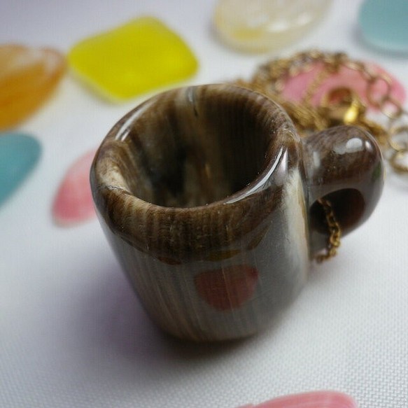 渚のカフェ 瑪瑙化珪化木のコーヒーカップ♪ククサ編 ネックレス