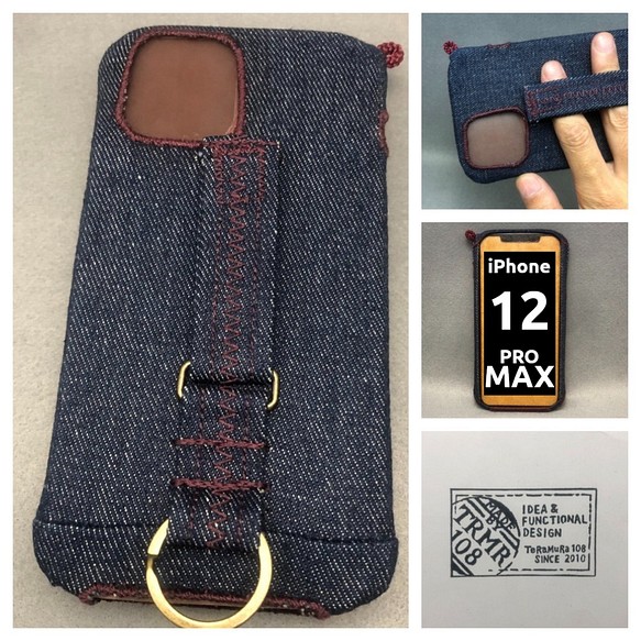 12,13ProMAX兼用 布のiPhoneジャケットデニム ワインレッド 1枚目の画像